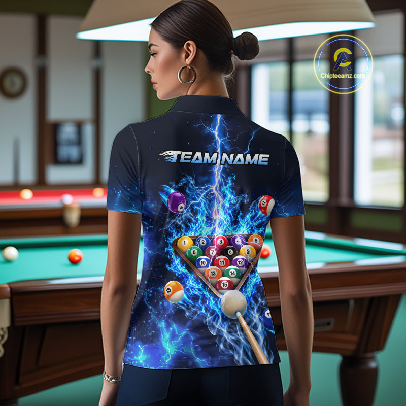 Electric Blue Lightning Billiard Polo 1/4-Zip Shirt For Women Custom US Flag Pool Billiard Uniform NYN4766