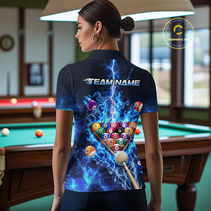 Electric Blue Lightning Billiard Polo 1/4-Zip Shirt For Women Custom US Flag Pool Billiard Uniform NYN4766