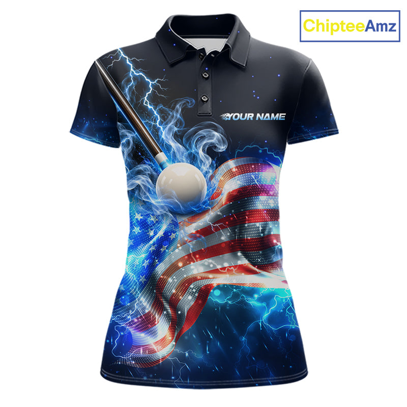 Electric Blue Lightning Billiard Polo 1/4-Zip Shirt For Women Custom US Flag Pool Billiard Uniform NYN4766