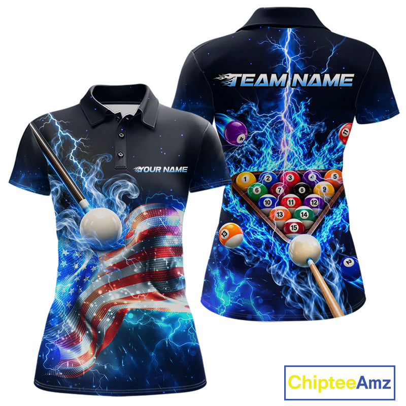Electric Blue Lightning Billiard Polo 1/4-Zip Shirt For Women Custom US Flag Pool Billiard Uniform NYN4766
