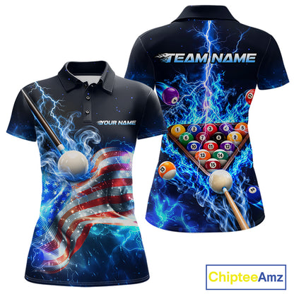 Electric Blue Lightning Billiard Polo 1/4-Zip Shirt For Women Custom US Flag Pool Billiard Uniform NYN4766