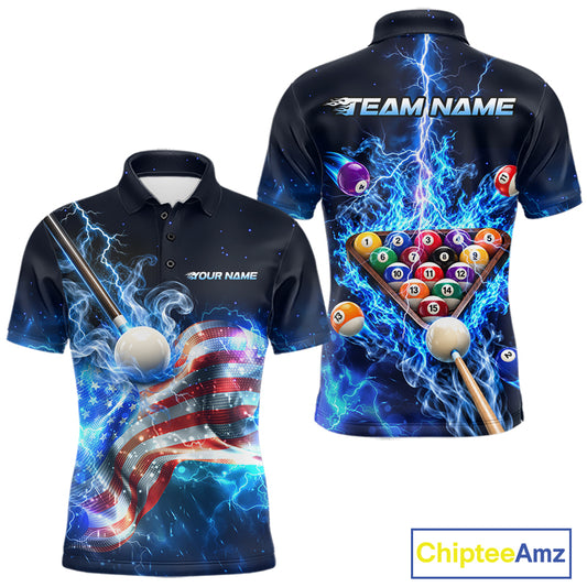 Electric Blue Lightning Billiard Polo 1/4-Zip Shirt For Men Custom US Flag Pool Billiard Uniform NYN4766