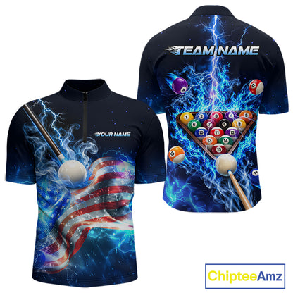 Electric Blue Lightning Billiard Polo 1/4-Zip Shirt For Men Custom US Flag Pool Billiard Uniform NYN4766