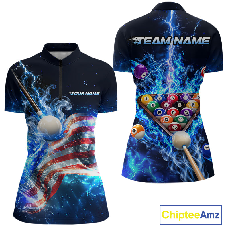 Electric Blue Lightning Billiard Polo 1/4-Zip Shirt For Women Custom US Flag Pool Billiard Uniform NYN4766