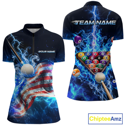 Electric Blue Lightning Billiard Polo 1/4-Zip Shirt For Women Custom US Flag Pool Billiard Uniform NYN4766