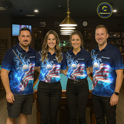 Electric Blue Lightning Billiard Polo 1/4-Zip Shirt For Men Custom US Flag Pool Billiard Uniform NYN4766