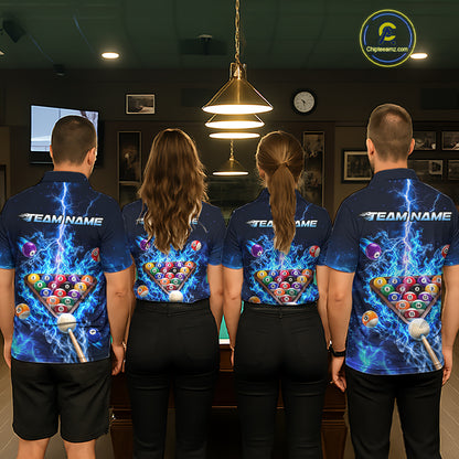 Electric Blue Lightning Billiard Polo 1/4-Zip Shirt For Men Custom US Flag Pool Billiard Uniform NYN4766