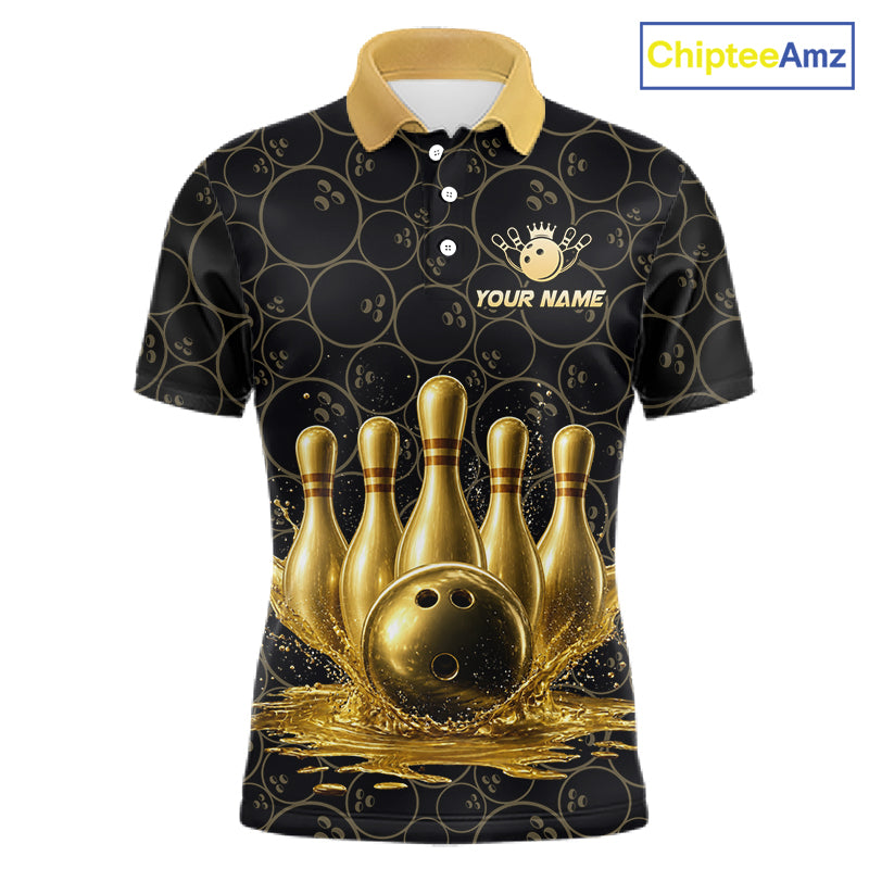 Splatter Gold Dripping Bowling And Pins Jerseys For Men Custom Bowling Ball Shirt Team Attire NYN3180