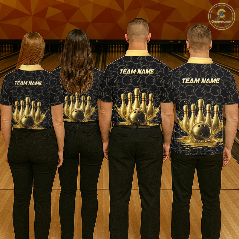 Splatter Gold Dripping Bowling And Pins Jerseys For Men Custom Bowling Ball Shirt Team Attire NYN3180