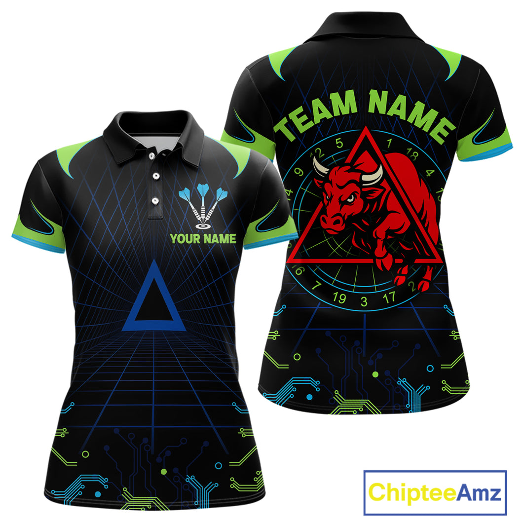 Multi Color Techno Grid & Bull Women's Darts Shirt - Custom Name For Darts Jersey NYN0475