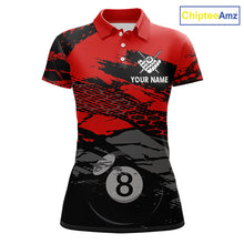 Load image into Gallery viewer, Grunge Black &amp; Red 8 Ball women's billiard polo featuring distressed American Flag artwork, custom pool tournament jersey, patriotic cue sports apparel, league uniform, personalized championship team clothing