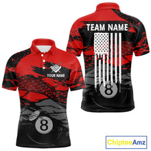 Load image into Gallery viewer, Grunge Black &amp; Red 8 Ball men's billiard polo with vintage USA flag graphics, personalized pool league jersey, custom tournament apparel, patriotic cue sports performance uniform
