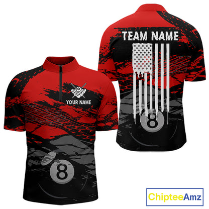 Grunge Black & Red men's quarter-zip pool jersey with grunge USA artwork, personalized billiard tournament apparel, custom league performance uniform, patriotic sportswear