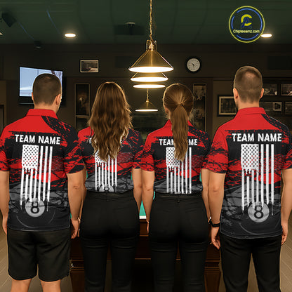 Matching Grunge Black & Red billiard team jerseys with American Flag artwork, patriotic APA tournament uniforms, veterans event apparel, championship cue sports team clothing, matching league jerseys