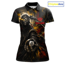 Load image into Gallery viewer, Grunge Yellow &amp; Red Grim Reaper women's billiard polo featuring fierce skull artwork with 8 Ball graphics, custom pool tournament jersey, gothic cue sports apparel, biker-inspired championship uniform, personalized team clothing