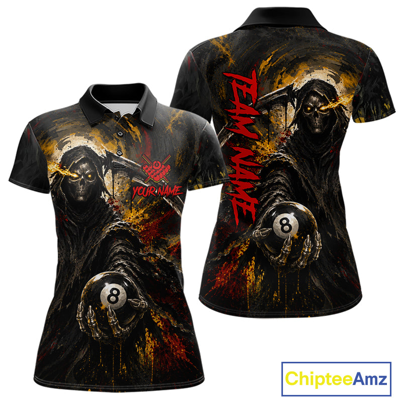Grunge Yellow & Red Grim Reaper women's billiard polo featuring fierce skull artwork with 8 Ball graphics, custom pool tournament jersey, gothic cue sports apparel, biker-inspired championship uniform, personalized team clothing