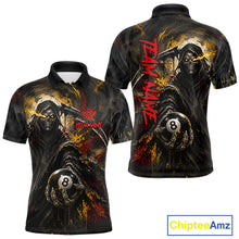 Load image into Gallery viewer, Grunge Yellow &amp; Red Grim Reaper men's billiard polo with dramatic skull artwork, personalized 8 Ball tournament jersey, gothic league apparel, custom cue sports performance clothing