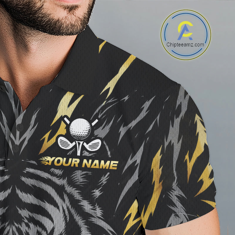 Custom Gold And Grey Tiger Golf Ball Team Attire Funny Golf Polo Golf Shirts For Men NYN3995