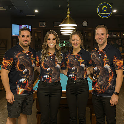 Custom Thunder 8 Ball Pool Jersey Mens Flame Eagle Billiard Polo Quarter-Zip Shirt | Orange NYN4003