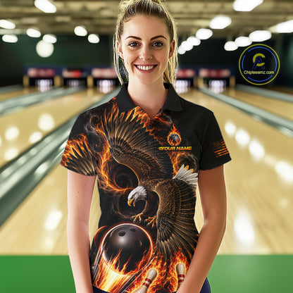 Custom Thunder Bowling Ball Shirt Womens Flame Eagle Bowling Polo Quarter-Zip Shirt | Orange NYN4004