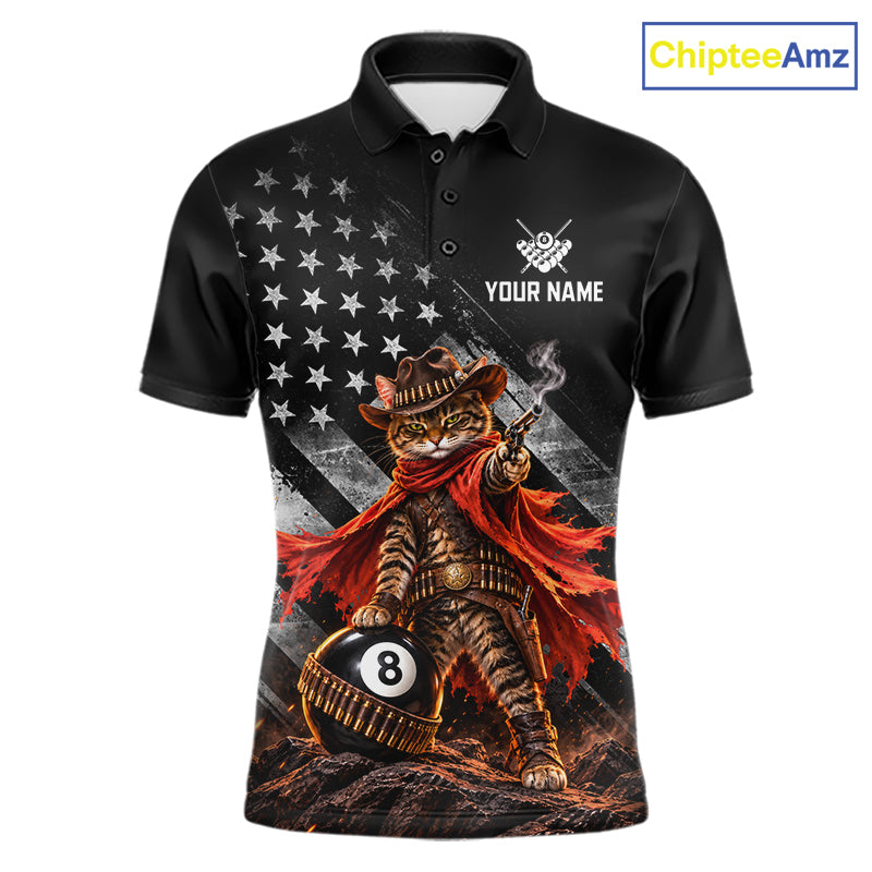 Cowboy Cat 8 Ball Billiard Shirt For Men Custom Name Pool Jersey US Flag Patriotic Gift For Pool Players NYN4384