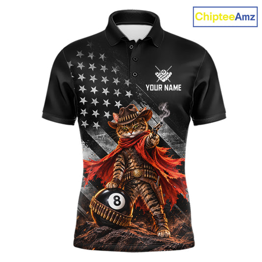 Cowboy Cat 8 Ball Billiard Shirt For Men Custom Name Pool Jersey US Flag Patriotic Gift For Pool Players NYN4384