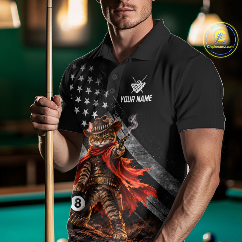 Cowboy Cat 8 Ball Billiard Shirt For Men Custom Name Pool Jersey US Flag Patriotic Gift For Pool Players NYN4384