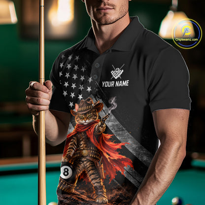 Cowboy Cat 8 Ball Billiard Shirt For Men Custom Name Pool Jersey US Flag Patriotic Gift For Pool Players NYN4384