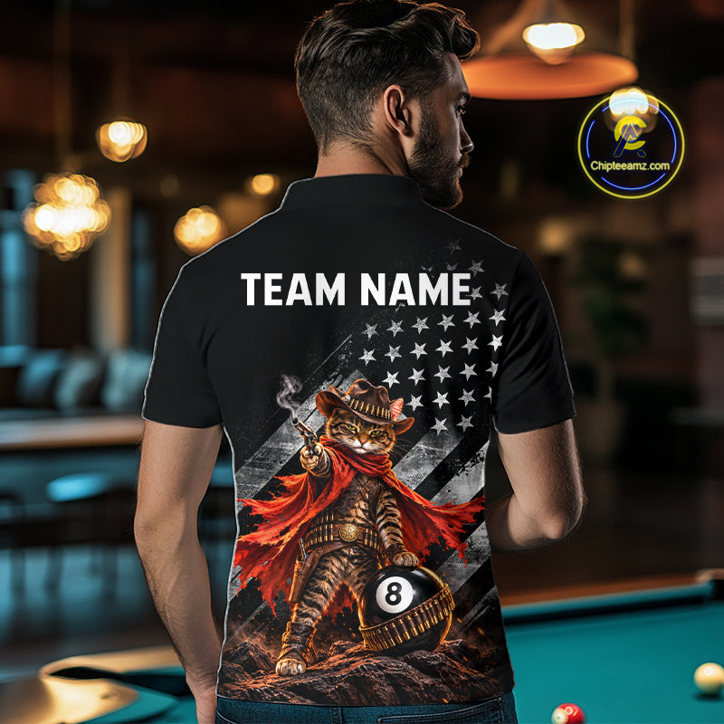 Cowboy Cat 8 Ball Billiard Shirt For Men Custom Name Pool Jersey US Flag Patriotic Gift For Pool Players NYN4384