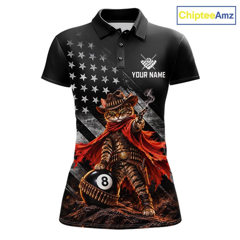 Cowboy Cat 8 Ball Billiard Shirt For Women Custom Name Pool Jersey US Flag Patriotic Gift For Pool Players NYN4384