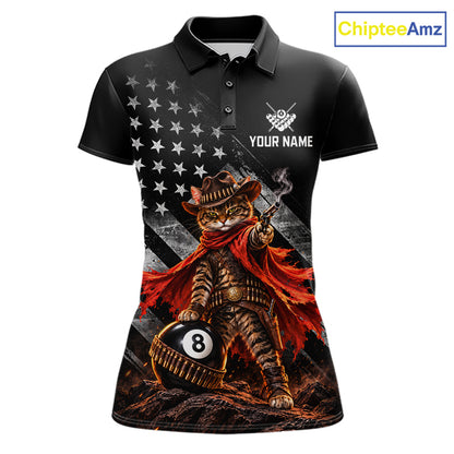 Cowboy Cat 8 Ball Billiard Shirt For Women Custom Name Pool Jersey US Flag Patriotic Gift For Pool Players NYN4384