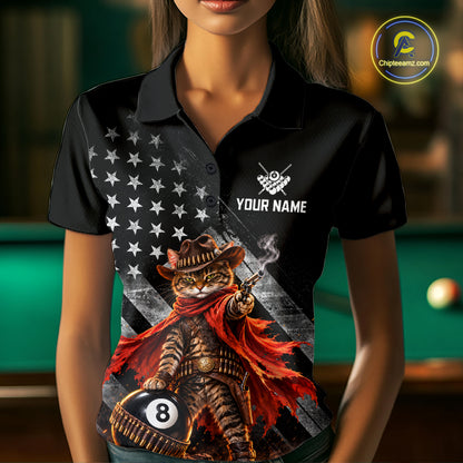 Cowboy Cat 8 Ball Billiard Shirt For Women Custom Name Pool Jersey US Flag Patriotic Gift For Pool Players NYN4384