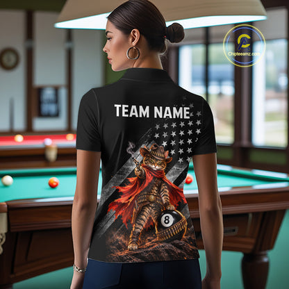 Cowboy Cat 8 Ball Billiard Shirt For Women Custom Name Pool Jersey US Flag Patriotic Gift For Pool Players NYN4384