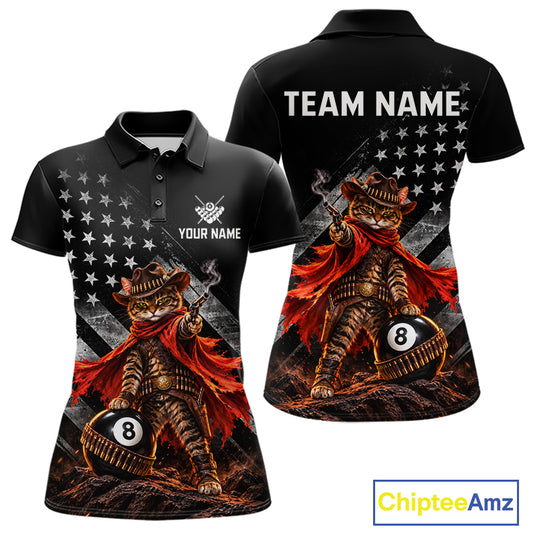 Cowboy Cat 8 Ball Billiard Shirt For Women Custom Name Pool Jersey US Flag Patriotic Gift For Pool Players NYN4384
