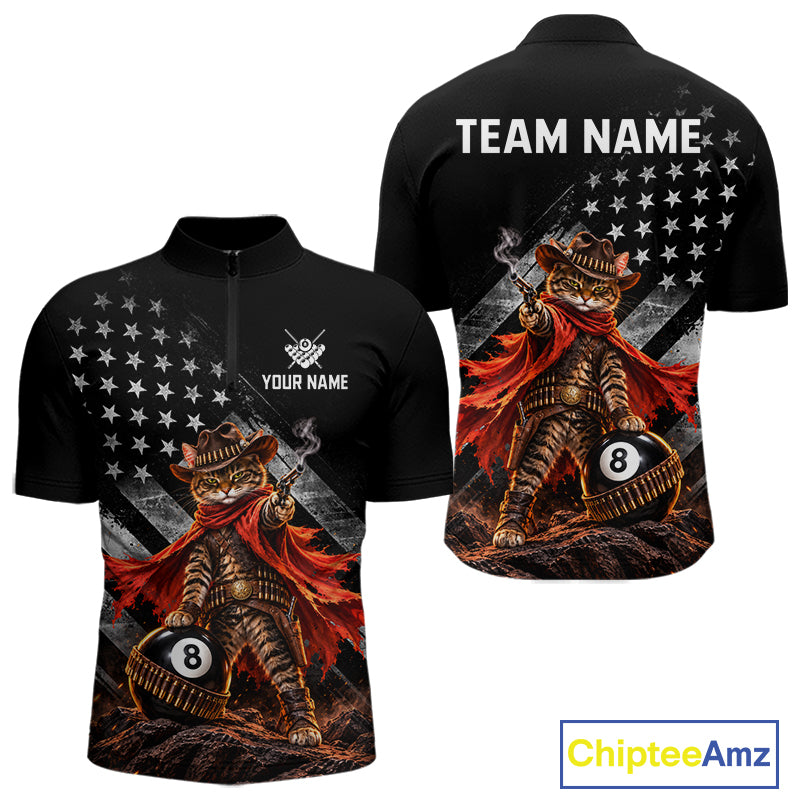 Cowboy Cat 8 Ball Billiard Shirt For Men Custom Name Pool Jersey US Flag Patriotic Gift For Pool Players NYN4384