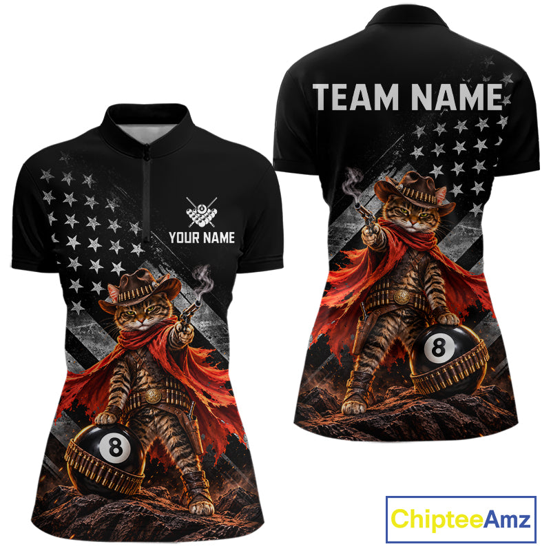Cowboy Cat 8 Ball Billiard Shirt For Women Custom Name Pool Jersey US Flag Patriotic Gift For Pool Players NYN4384