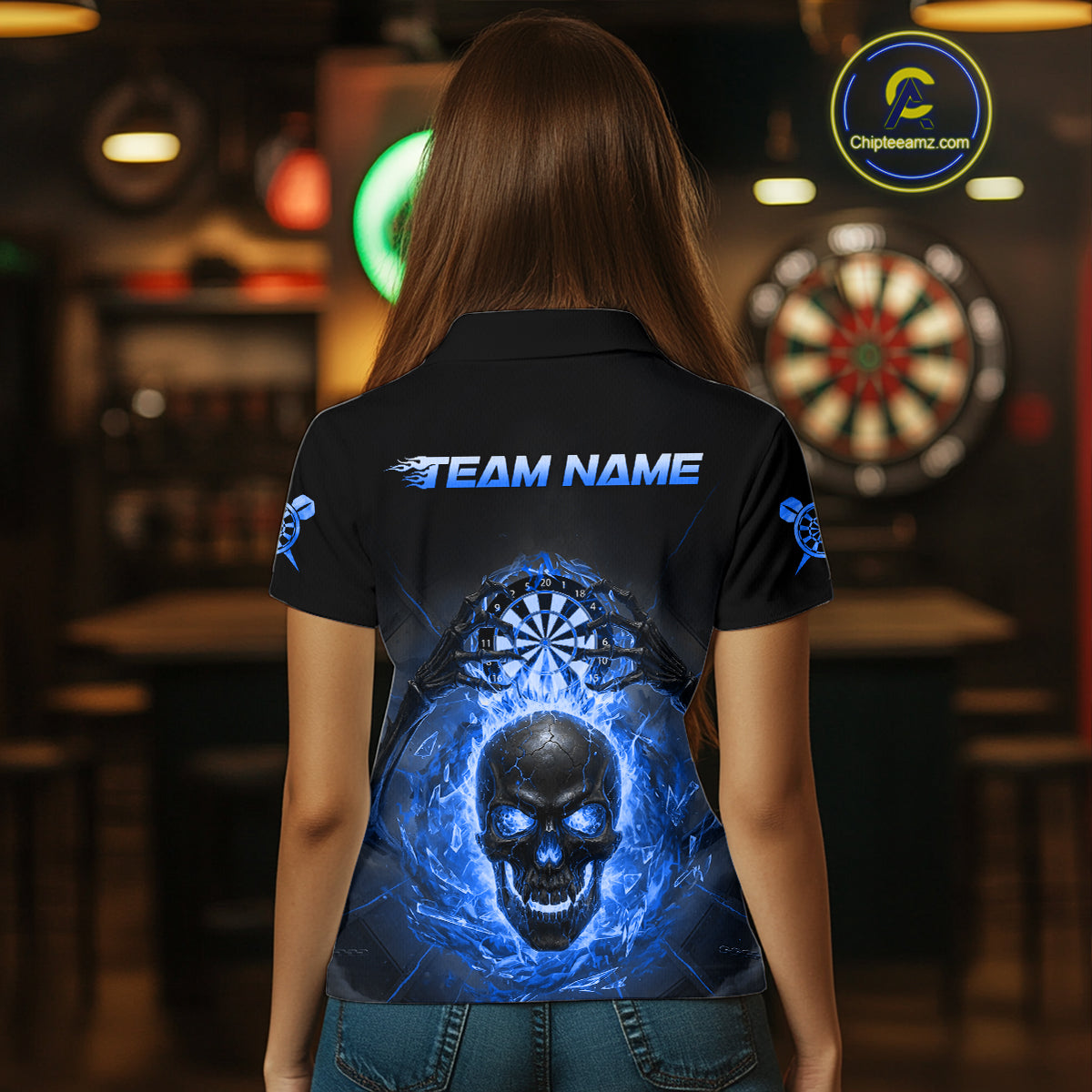 Custom Blue Flames Skull Broken Glass Women Darts Polo Shirt Outfits Dart Jerseys NYN1903