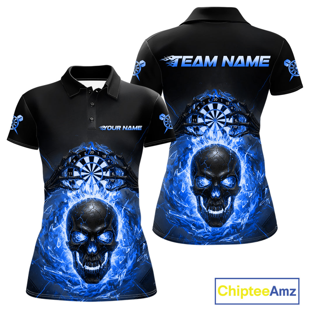 Custom Blue Flames Skull Broken Glass Women Darts Polo Shirt Outfits Dart Jerseys NYN1903