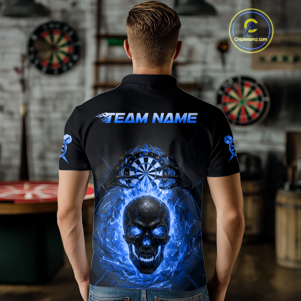 Custom Blue Flames Skull Broken Glass Men Darts Polo Shirt Outfits Dart Jerseys NYN1903