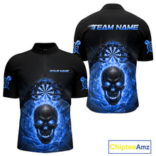 Load image into Gallery viewer, Custom Blue Flames Skull Broken Glass Men Darts Quarter-Zip Shirt Outfits Dart Jerseys NYN1903