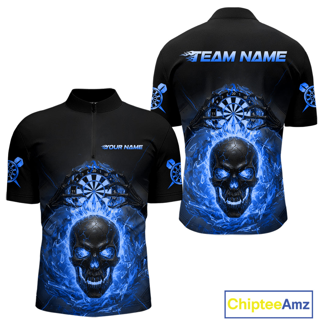 Custom Blue Flames Skull Broken Glass Men Darts Quarter-Zip Shirt Outfits Dart Jerseys NYN1903