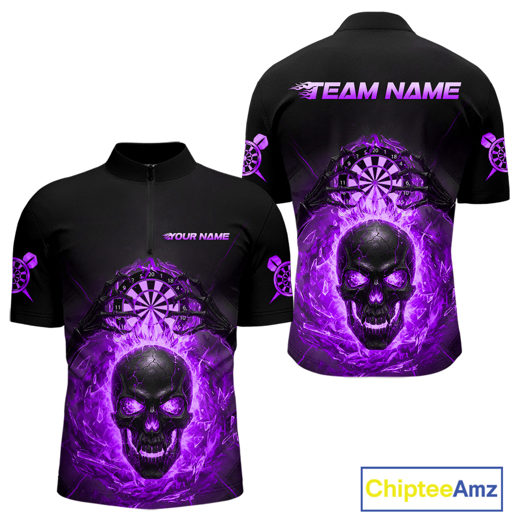 Custom Purple Flames Skull Broken Glass Men Darts Quarter-Zip Shirt Outfits Dart Jerseys NYN1904