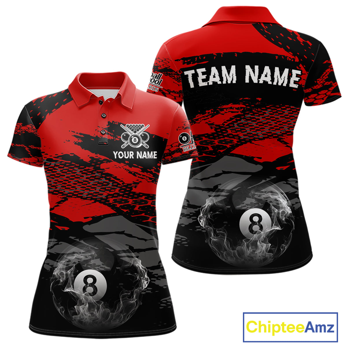 Black & Red Grunge 8 Ball Pool Women Billiard Polo & 1/4-Zip Jersey Custom Billiard Shirt Designs NYN2411