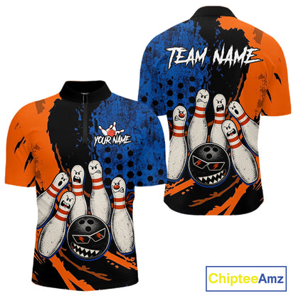 Custom Grunge Orange And Blue Angry Men Bowling Ball & Pins Shirts Funny Bowling Team Outfits NYN3185