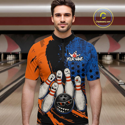 Custom Grunge Orange And Blue Angry Men Bowling Ball & Pins Shirts Funny Bowling Team Outfits NYN3185