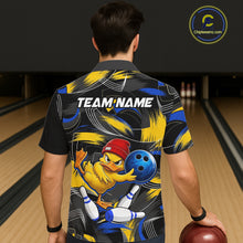 Load image into Gallery viewer, Male and female models wearing Funny Duck bowling Hawaiian shirts, playful bowling team apparel, tropical aloha button-up shirts, vacation resort clothing symbolizing humor, friendship, positivity, family fun and team spirit