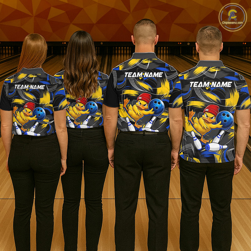 Blue And Yellow Funny Duck Bowling Shirts For Women Personalized Bowling Team Name Outfits NYN3190