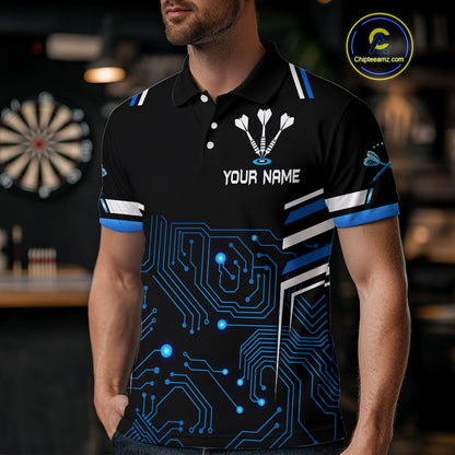 Futuristic Darts Team Shirt For Men - Skull Head & Neuro Tech Style | Custom Name NYN0482
