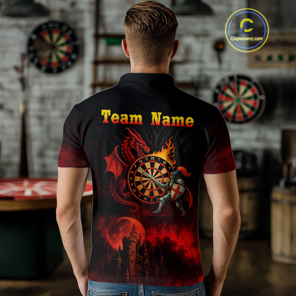 Medieval Power Darts Team Shirt For Men - Flaming Dartboard & Castle | Custom Name NYN0485
