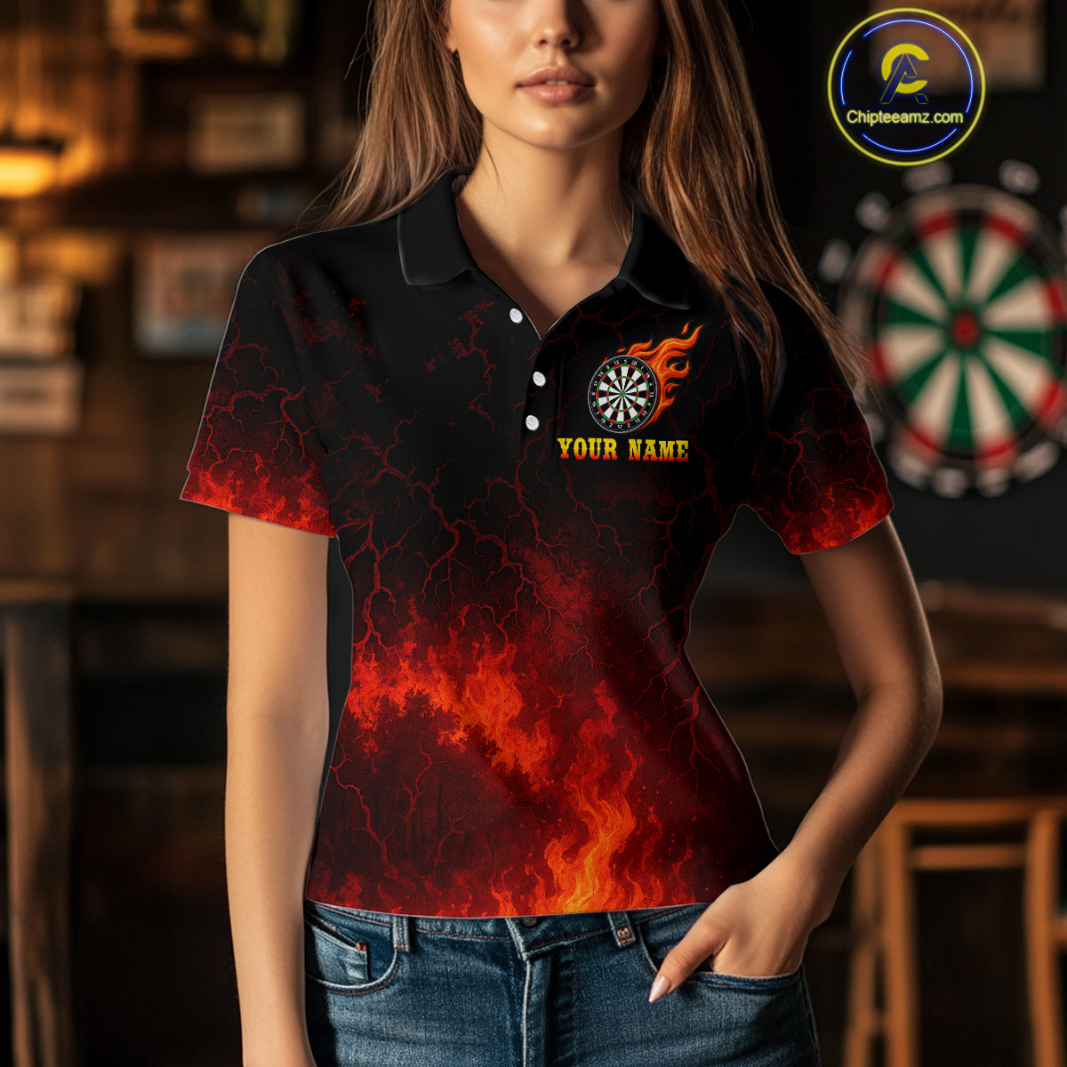 Medieval Power Darts Team Shirt For Women - Flaming Dartboard & Castle | Custom Name NYN0485